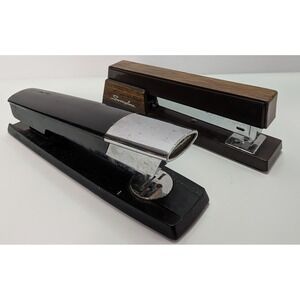 Swingline Stapler Set Vintage Black Chrome Brown Woodgrain Good Desktop Office